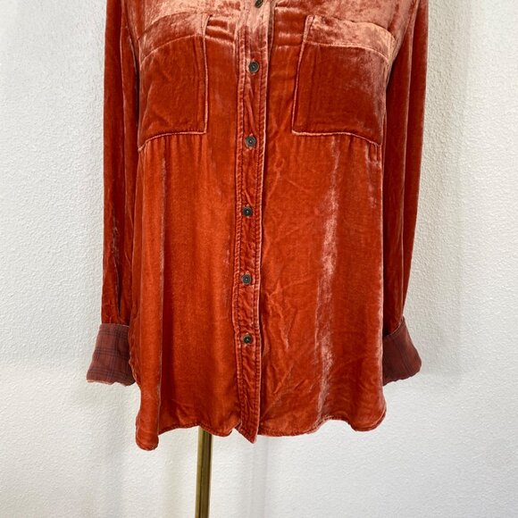 Anthro Holding Horses Rust Silk Blend Crushed Velvet Button Down Blouse Shirt XS - Picture 9 of 16